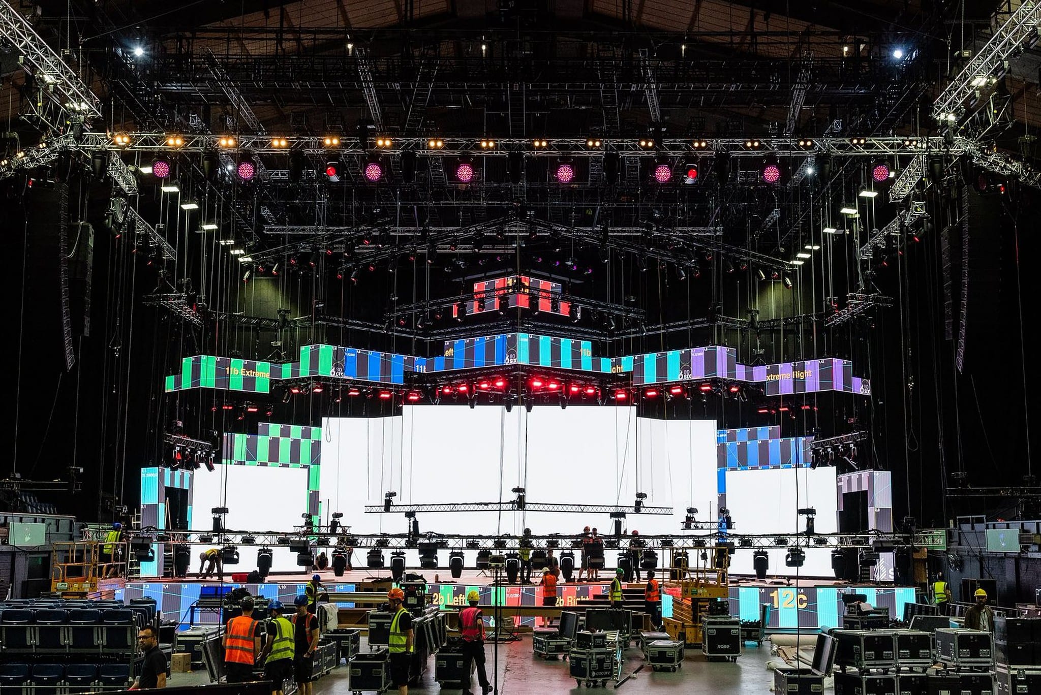 Load-in at OVO Wembley: layered LED surfaces on test patterns with mapping labels, HUM Awards 2024.