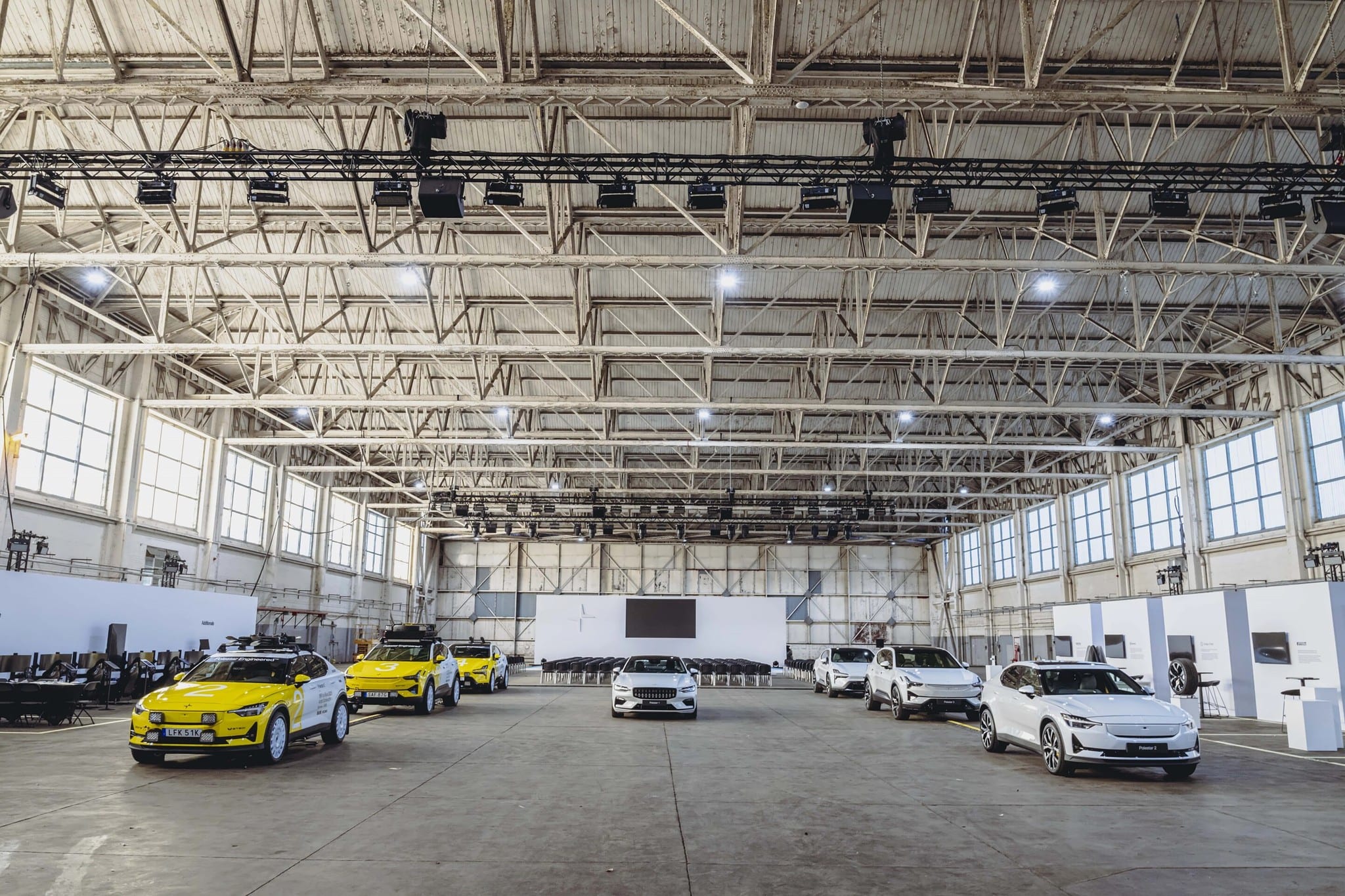Hangar wide: Polestar cars, LED wall and seating, Polestar Festival, Bicester, September 2025.