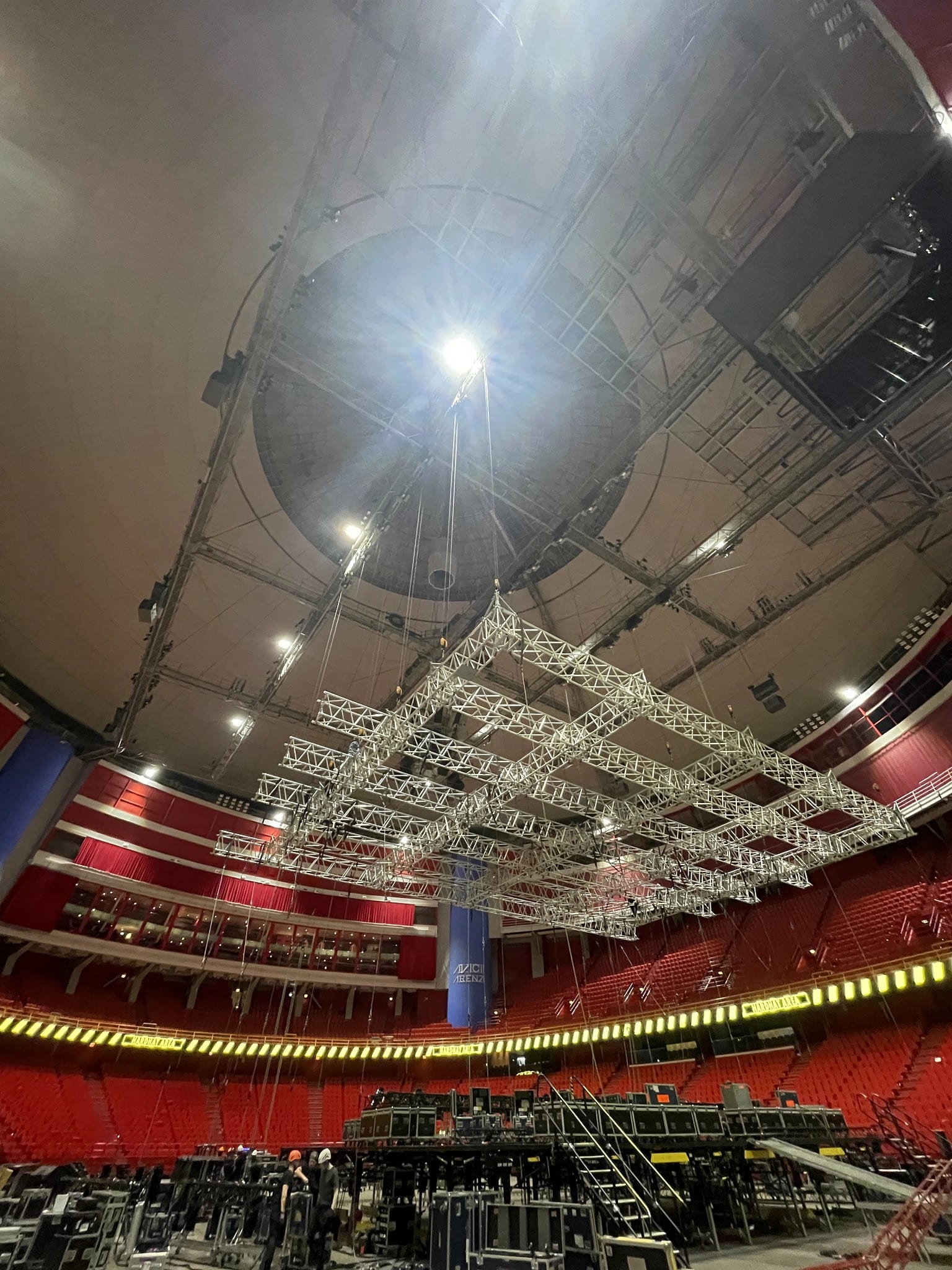 Looking up at the hanging truss and Avicii Arena roof, Porcupine Tree Closure/Continuation Tour 2022.