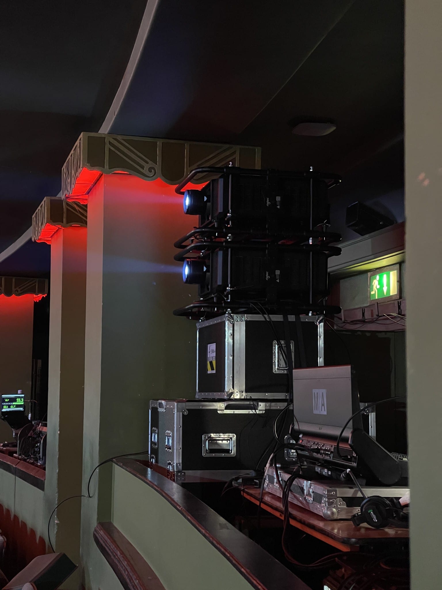 Stacked touring projectors at the control position, Stardew Valley Symphony of Seasons UK tour, February 2026.