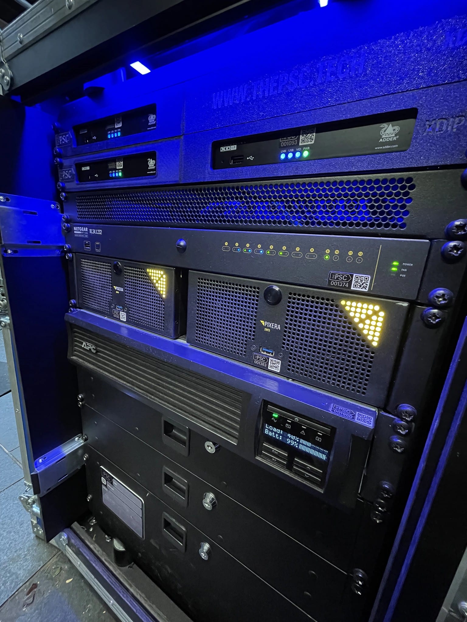 Flight-case rack with two Pixera one media servers, Leicester Square, May 2026.